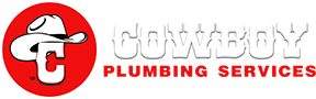 The image shows a logo for "Cowboy Plumbing Services." It features a bold red circle with a stylized "C" wearing a cowboy hat, accompanied by the text "COWBOY" in white and "PLUMBING SERVICES" in red, all on a black background.