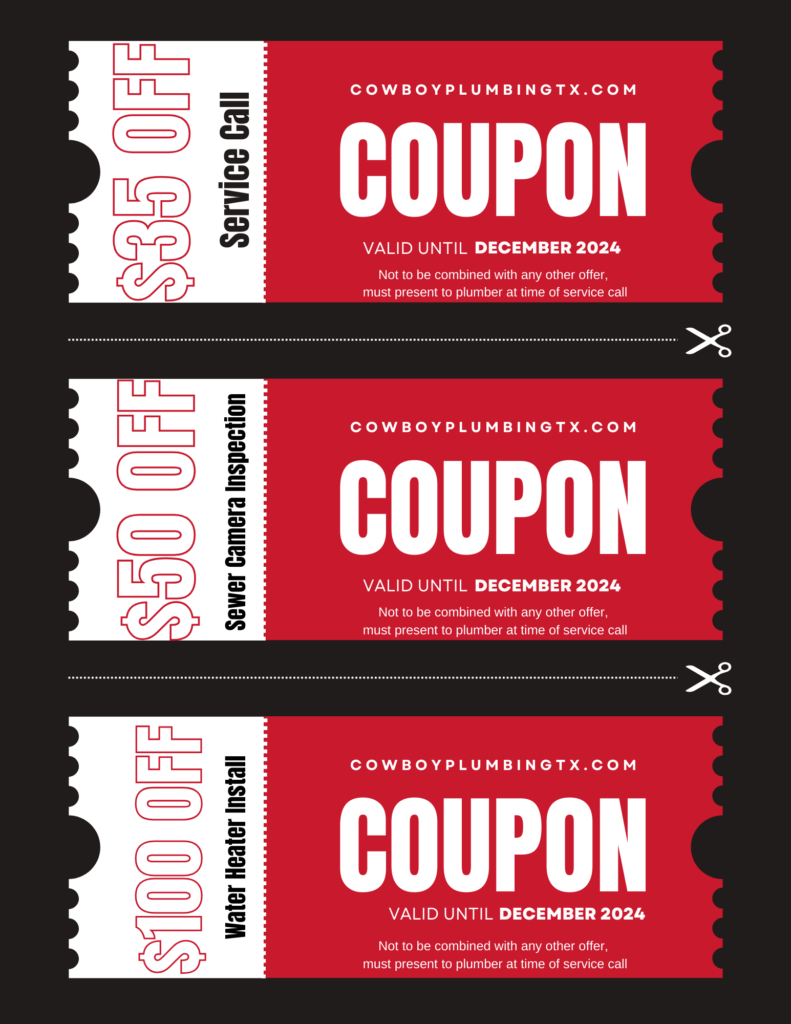 The image shows three red coupons with white text offering discounts from "cowboyplumbingtx.com." The discounts include $35 off a service call, $50 off a sewer camera inspection, and $100 off a water heater installation.