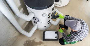 A technician wearing a gray cap and a plaid shirt is crouched down, working on a large white and black device, possibly a water heater or boiler.