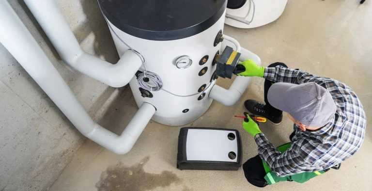 A technician wearing a gray cap and a plaid shirt is crouched down, working on a large white and black device, possibly a water heater or boiler.