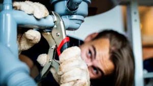 A person wearing gloves uses a pair of pliers to tighten or loosen a pipe fitting in a plumbing system, with their face partially visible in the background, focusing intently on the task.