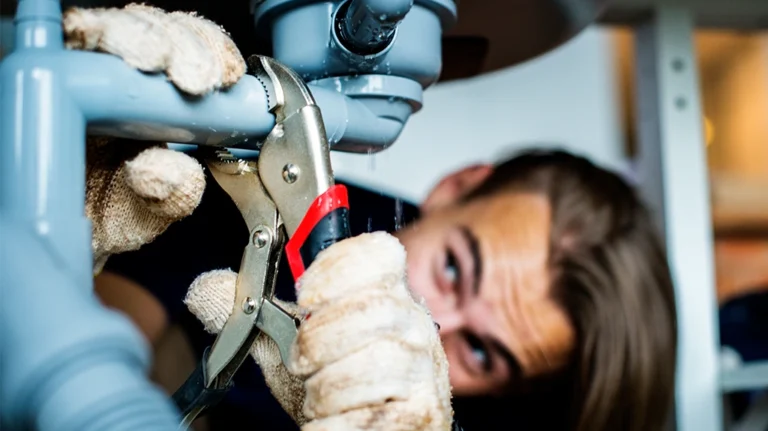 A person wearing gloves uses a pair of pliers to tighten or loosen a pipe fitting in a plumbing system, with their face partially visible in the background, focusing intently on the task.